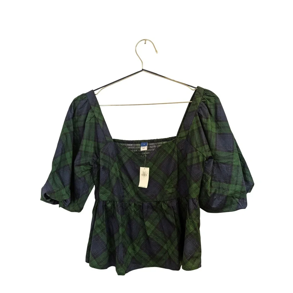 Old Navy Puff Sleeve Poplin Peplum Top Smocked Holiday Plaid Blue Green S NWT